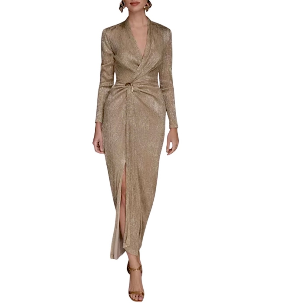 Donna Karan New York V Neck Draped Gown Metallic Gold Long Sleeve Size 4